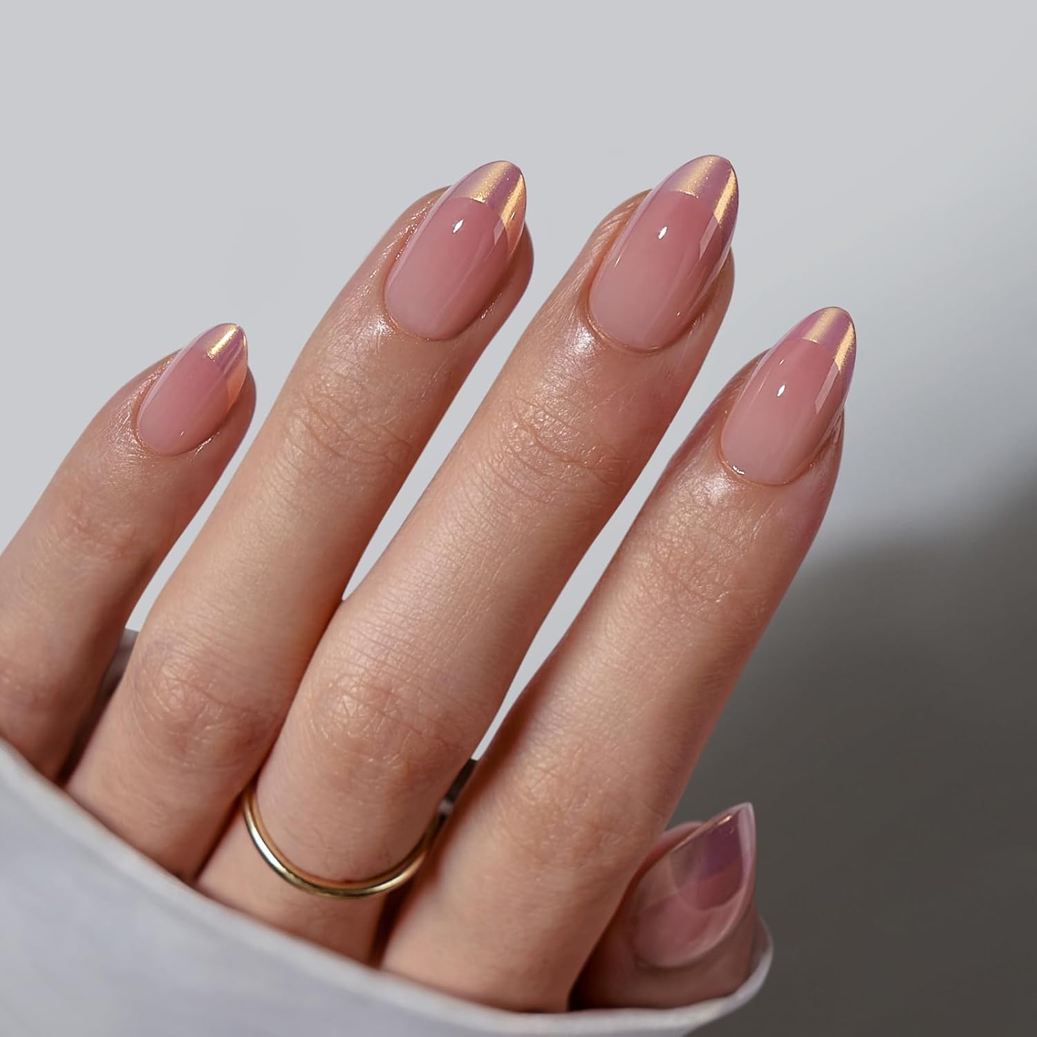 Chrome French Tip Almond Press на гвоздях с клей для женщин